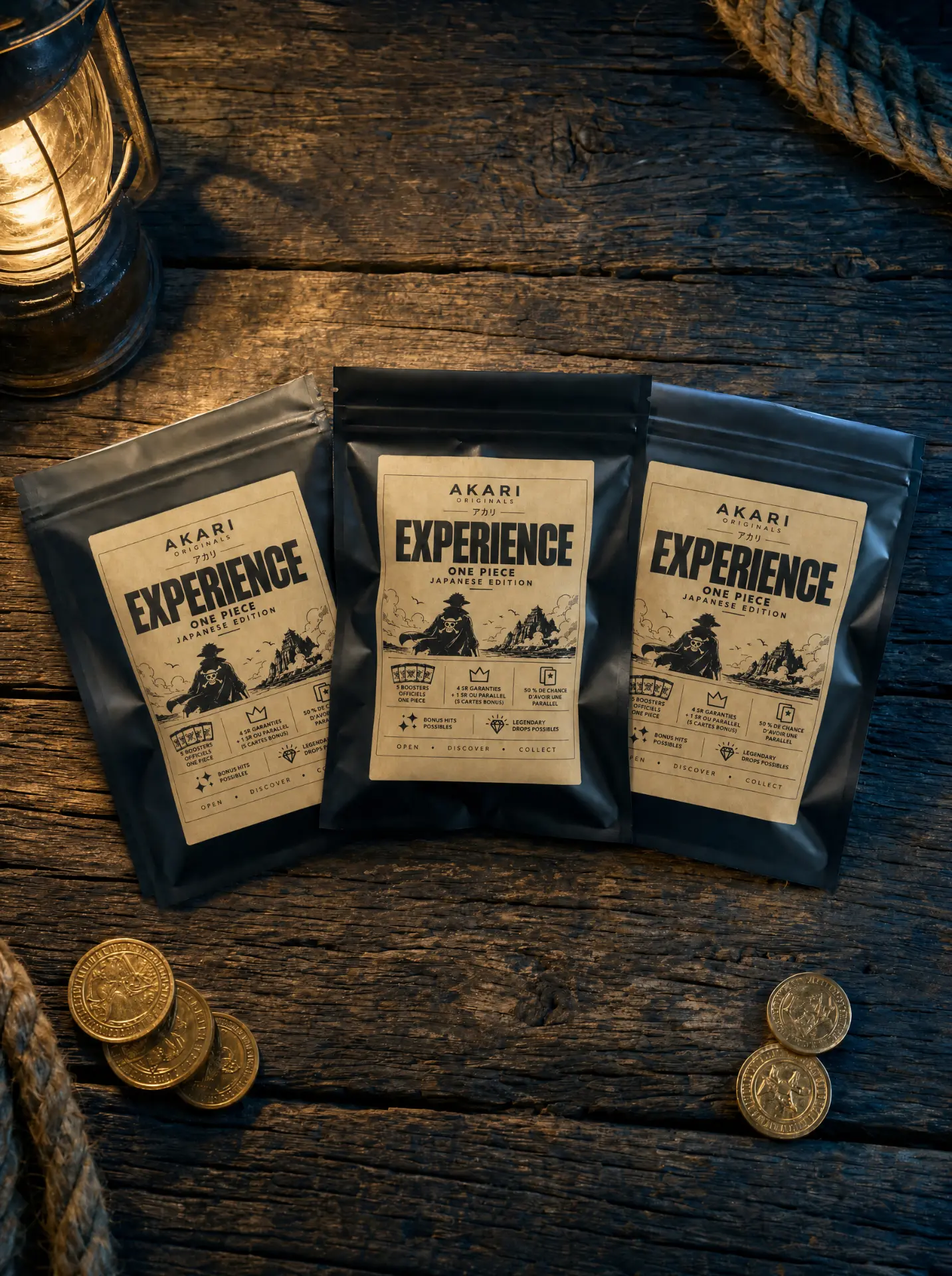 Trois sachets Akari Experience One Piece alignés sur une table en bois avec lanterne, corde et pièces dorées
